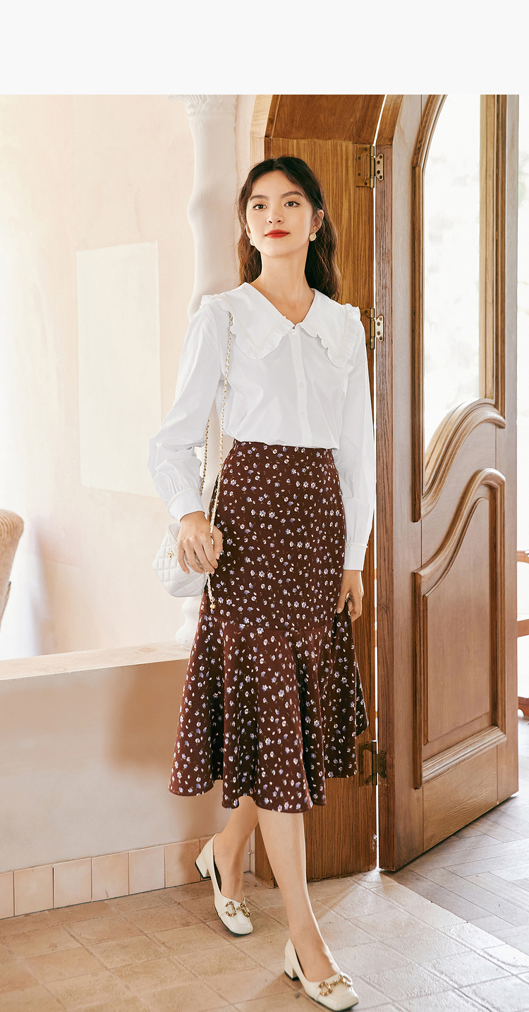 伊芙丽碎花半身裙女2021秋季新款高腰气质中长鱼尾裙 鱼尾裙 咖啡 155