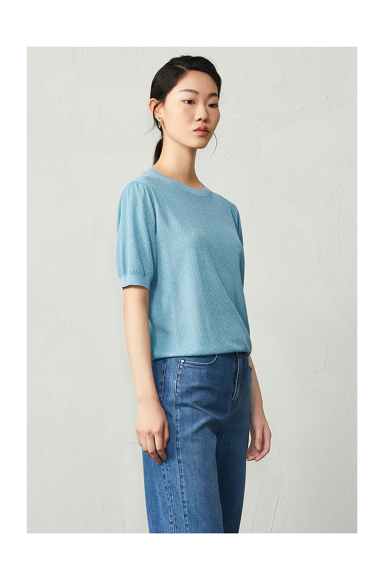 ott原创轻奢女装2021早秋新品浅冰蓝色五分袖套头衫t恤上衣女 纯色浅