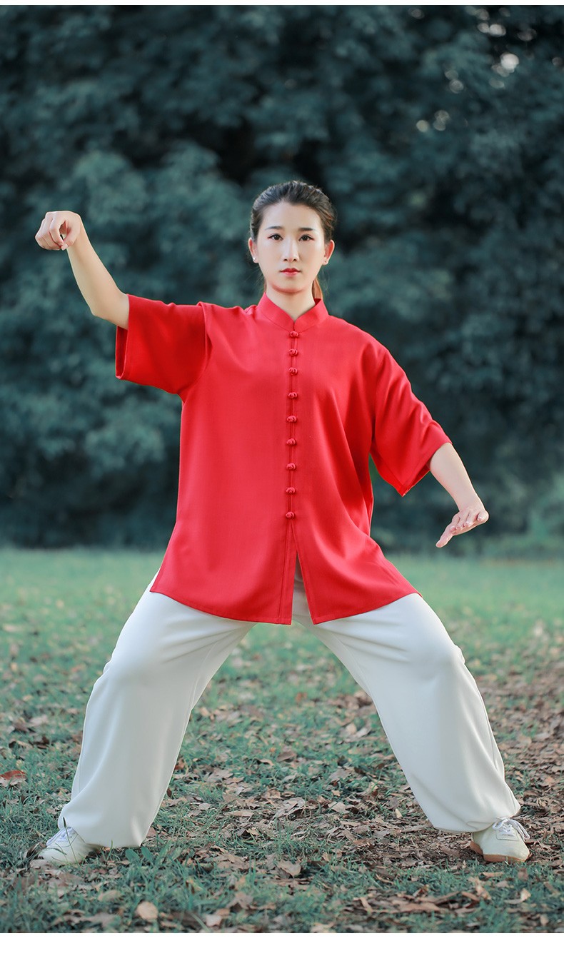 拳友大爱短袖太极服女夏季棉麻太极拳练功服装男2021新款薄灰色小扣