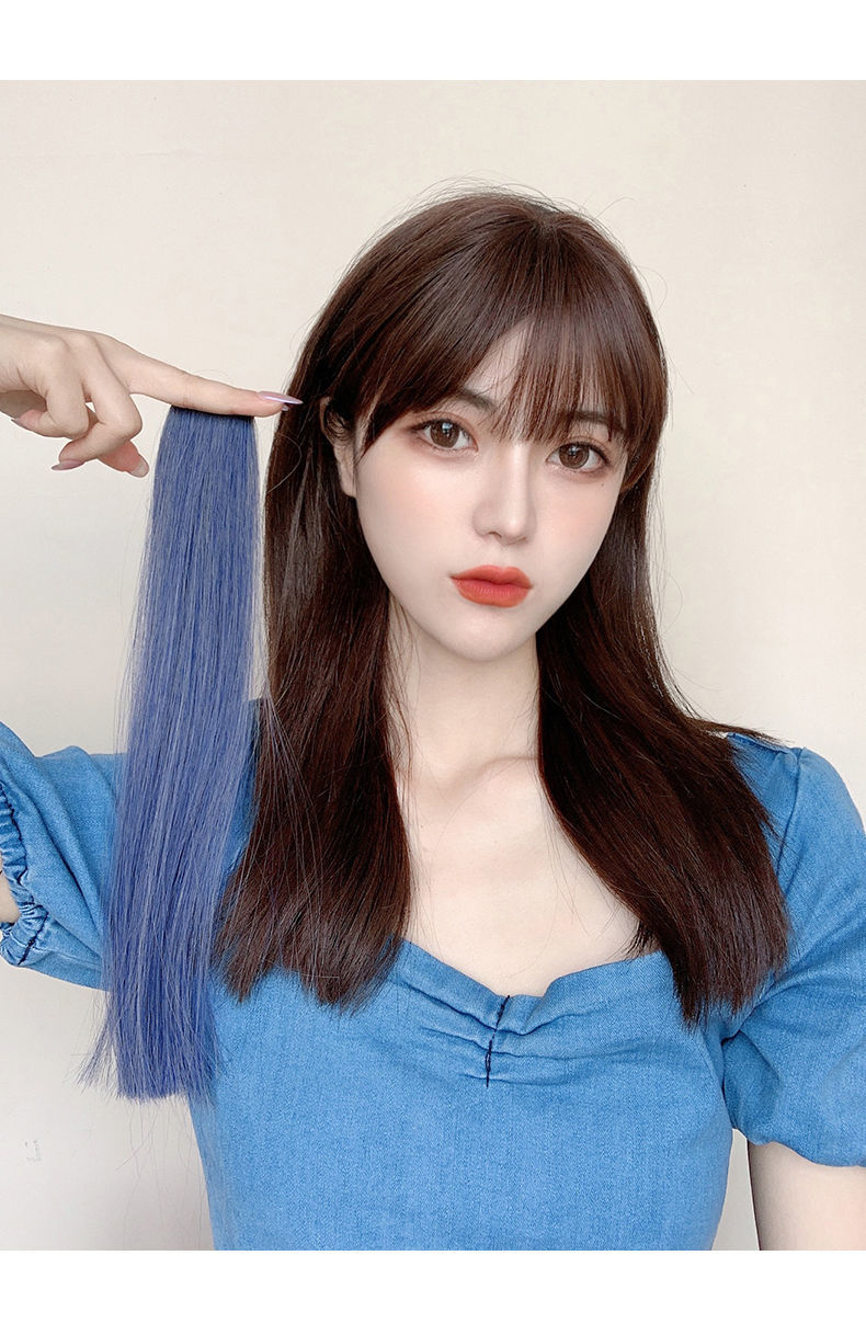 挂耳染一片式无痕假发片雾霾蓝lisa同款2021流行色彩色挑染酒红渐变一