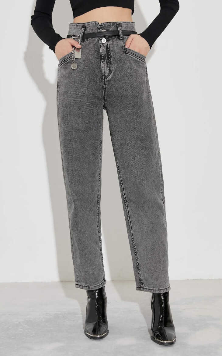 秋季新款时尚高腰宽松直筒水洗九分牛仔裤女121349059 j08 浅牛仔灰