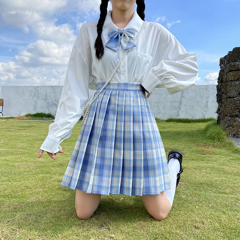 商场同款宾核轻奢胖mm大码jk裙制服冰淇淋格裙蓝色碎花制服中裙高褶皱