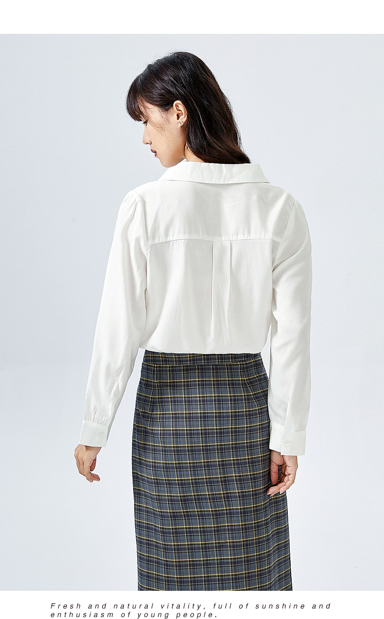 三福2021秋季女轻熟格纹褶皱设计衬衫舒适上衣女445281 米白 160/84a