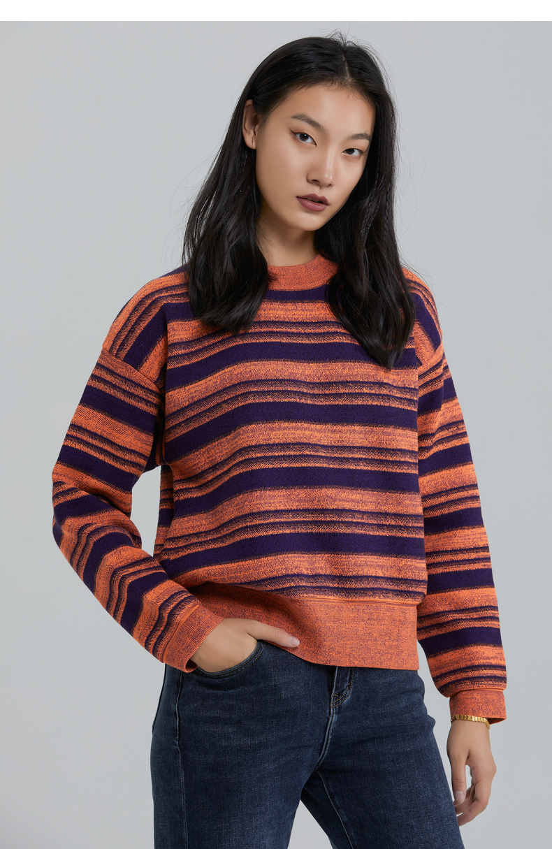 卡玛21年新款时尚潮条纹撞色针织衫圆领毛衣7420452 橙色 m