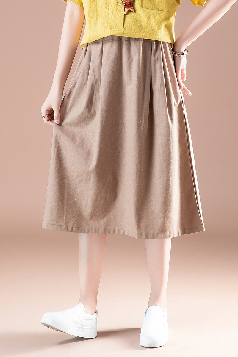 富贵鸟棉麻半身裙品牌女装春秋装新款松紧腰棉麻半身裙女复古文艺范中