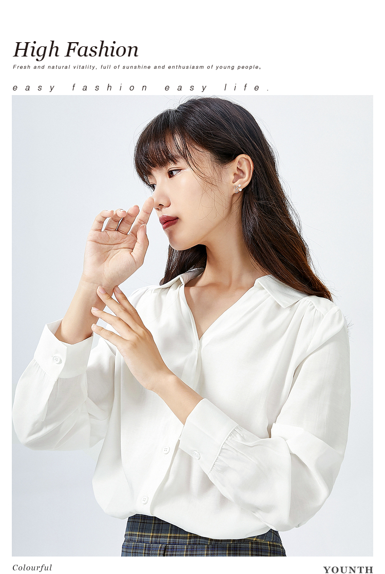 三福2021秋季女轻熟格纹褶皱设计衬衫舒适上衣女445281 米白 160/84a