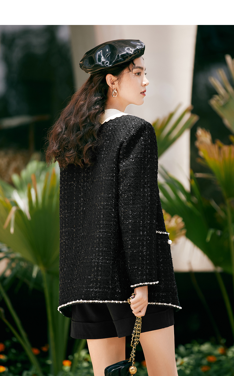 伊芙丽小香风外套女春秋2021新款格纹粗花呢秋季外套 黑色 160/84a/m