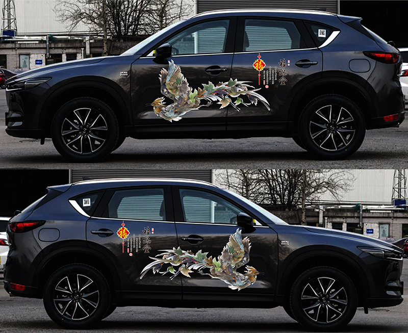 汽车车身贴拉花引擎盖车头贴龙凤图腾创意个性黑全车贴中国风贴纸花开