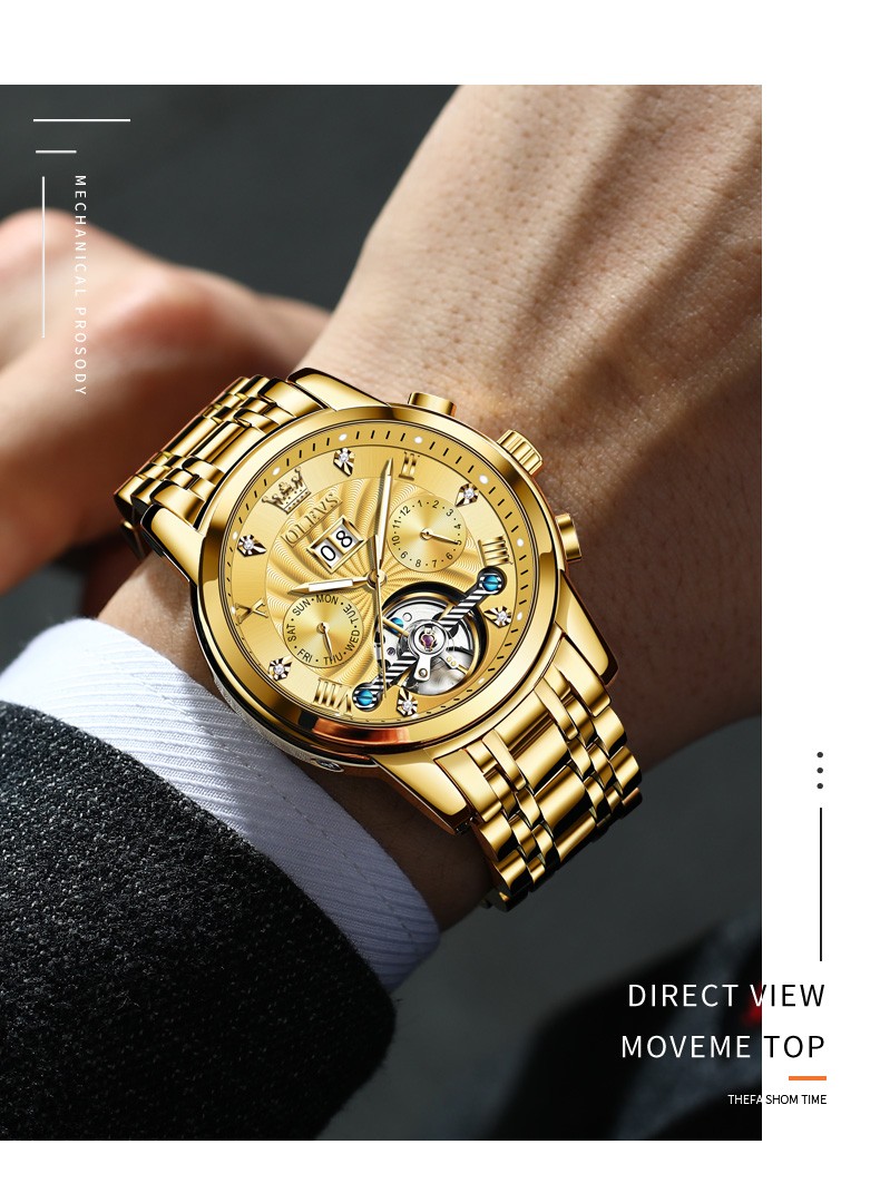 欧利时olevs手表新款男士时尚潮流全自动机械腕表日历星期防水月份