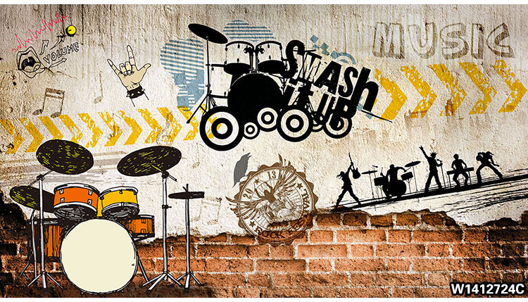 披头士海报 音乐舞台布景背景墙纸架子鼓摇滚教室餐厅酒吧装饰3d海报