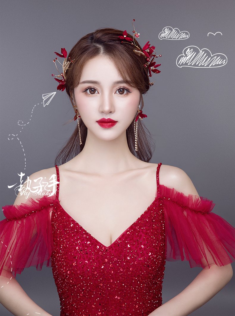 敬酒服头饰新娘发饰结婚发夹超仙森系简单大气红色婚纱礼服配饰品模特