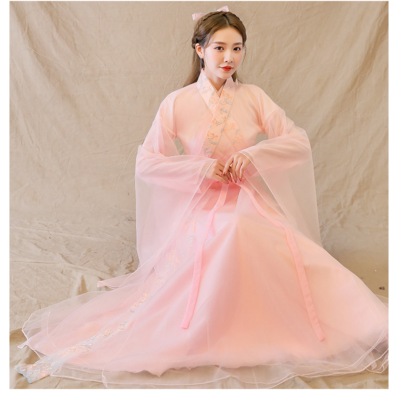 阿亨毕业成人礼汉服女小品古筝演出服学生汉服仙女古装粉色飘逸超仙