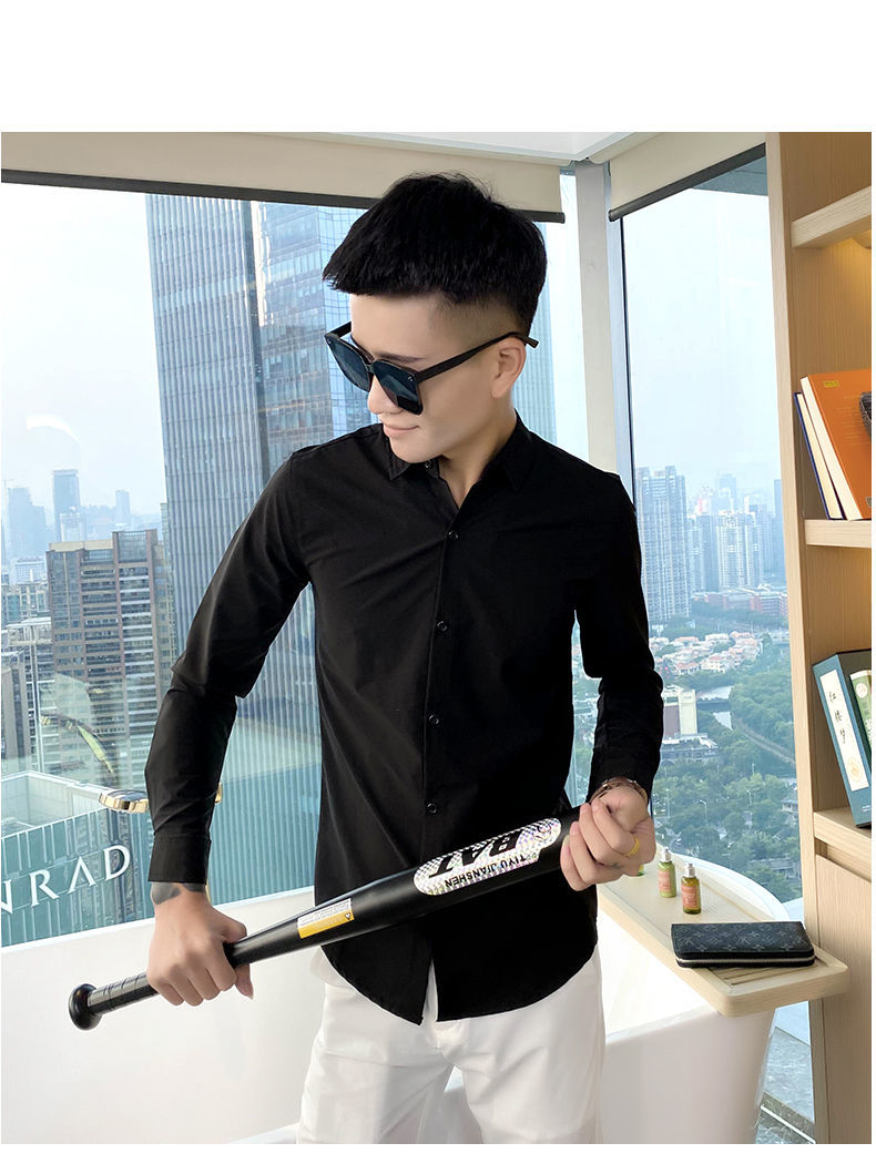 社会精神小伙修身纯色黑色长袖衬衫男士潮流帅气休闲秋装