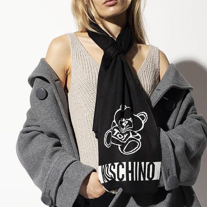 moschino莫斯奇诺2021秋冬新款男女同款羊毛泰迪熊微标饰围巾 16#黑色