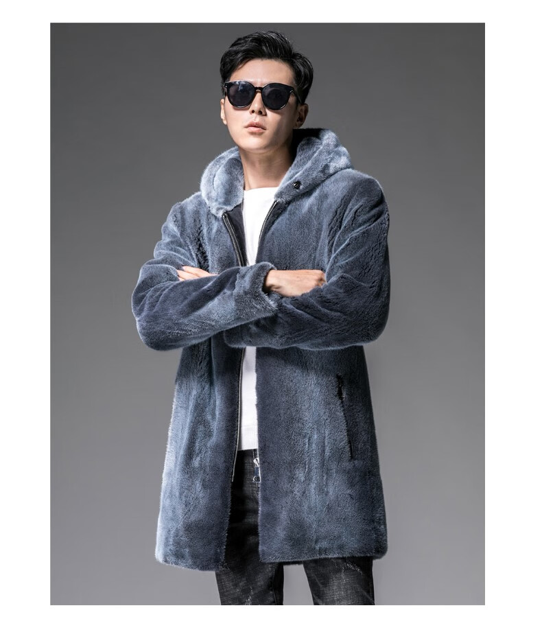 美国宝佳美 美国貂皮大衣外套男进口整貂中长款连帽裘皮彩色水貂皮草