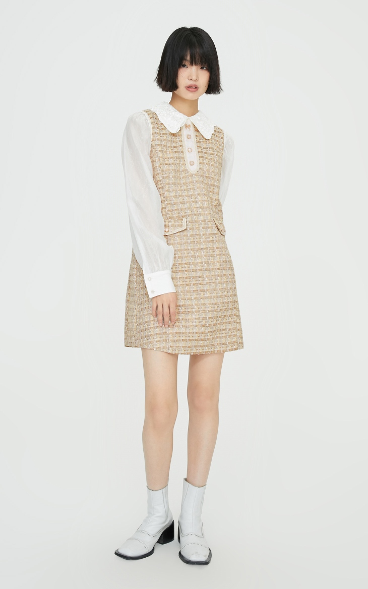 only2022春季新款收腰显瘦小香风气质长袖连衣裙女121307098c41天蓝