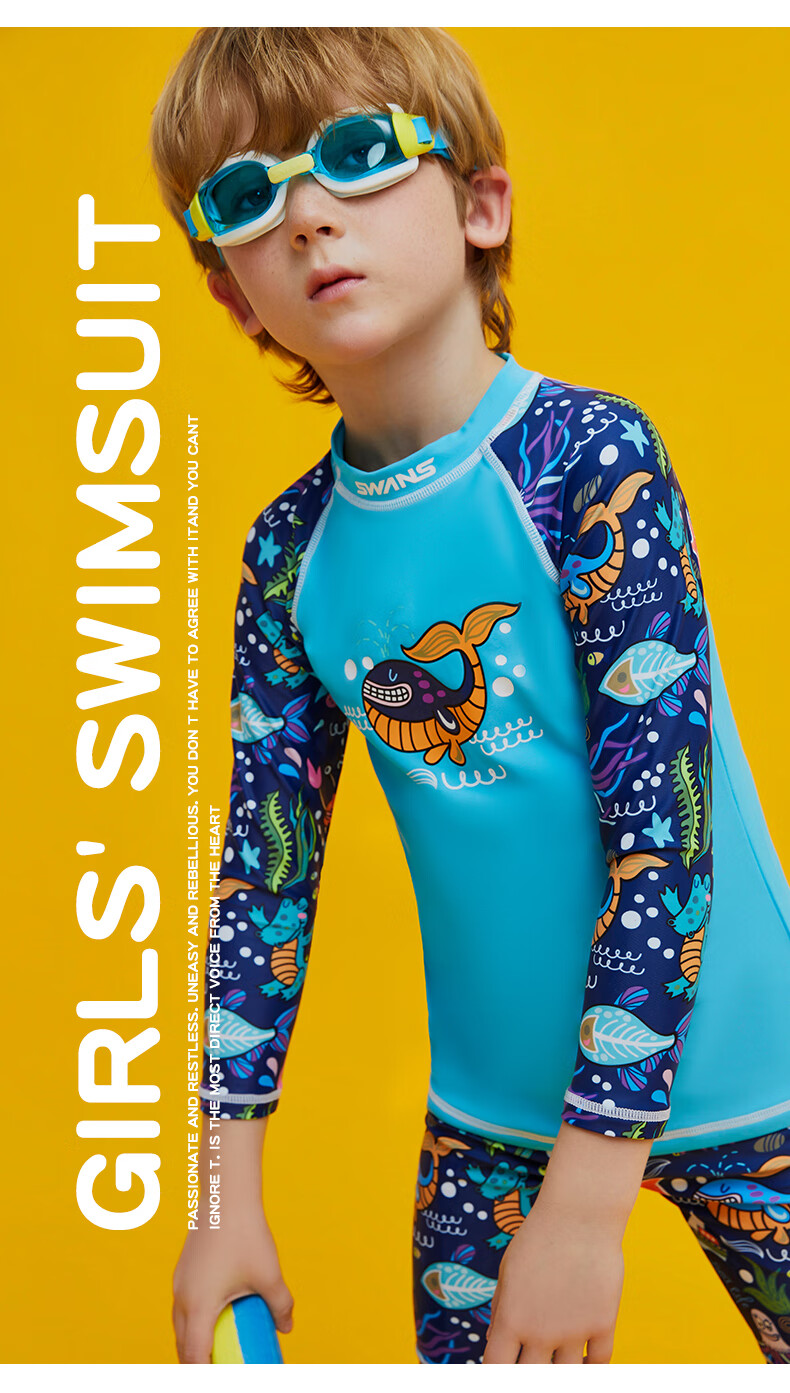 swans儿童泳衣宝宝分体长袖防晒印花游泳衣中大童速干泳装冲浪服蓝色