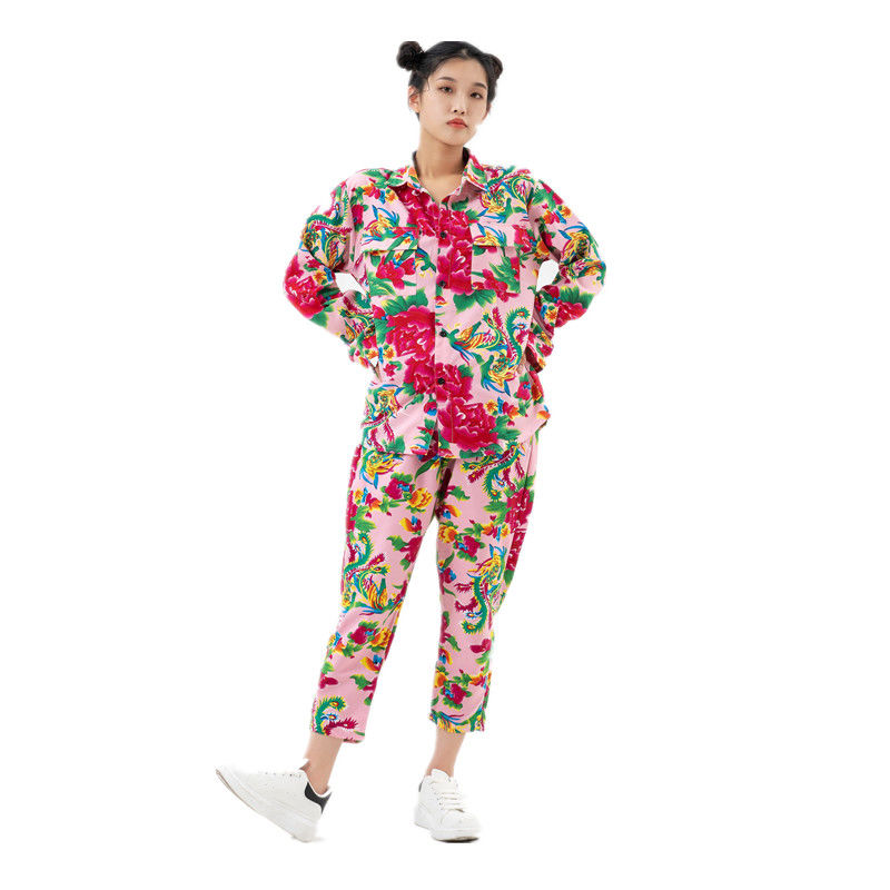 东北大花衣大花布衣服款韩版衬衣同款大花裤姐妹装搞笑碎花翠花衣服