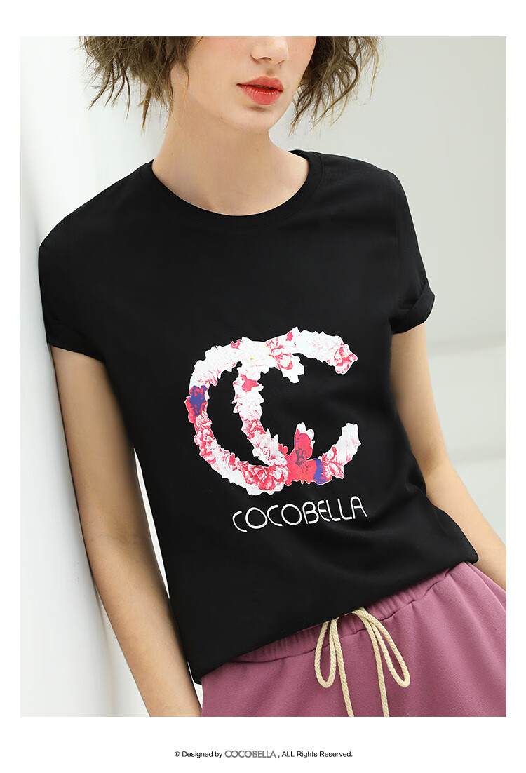 cocobella小香风logo印花短袖t恤女基础款纯色半袖上衣te154白色xl