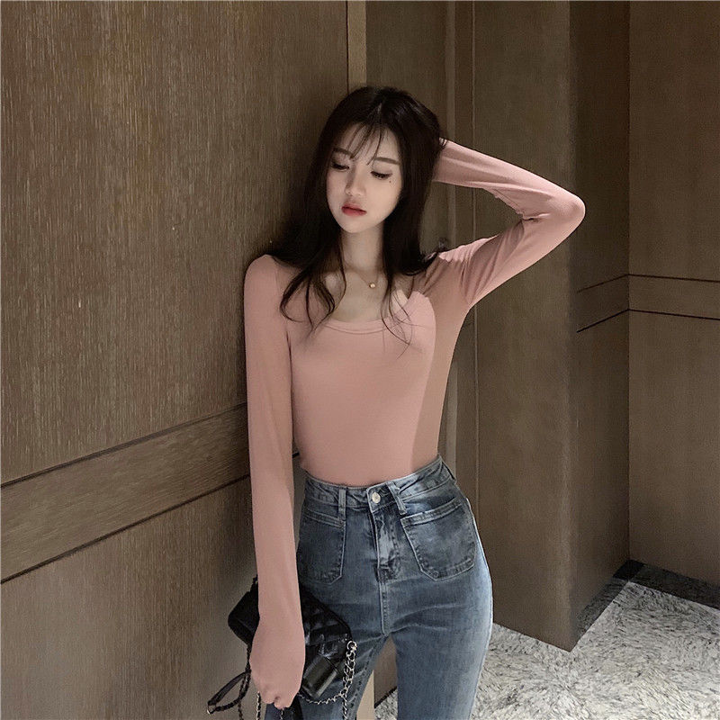 秋冬修身性感低胸心机打底衫女纯色内搭长袖t恤百搭紧身上衣sn2284