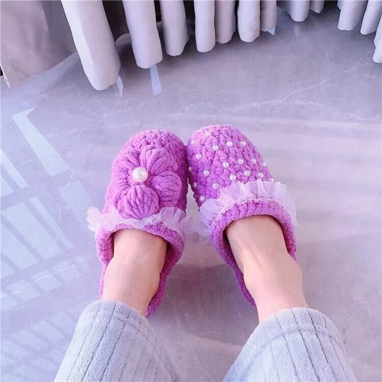 泡芙花冰条拖鞋手工编织粗冰条毛线抖音同款diy材料包珍珠鞋冬季 果
