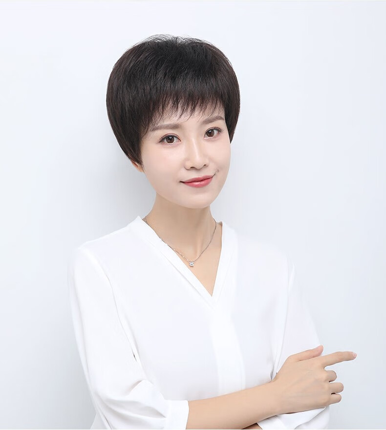 假发妈妈短发女递针全头套全真人发女士中老年短直发光头化疗可戴 深