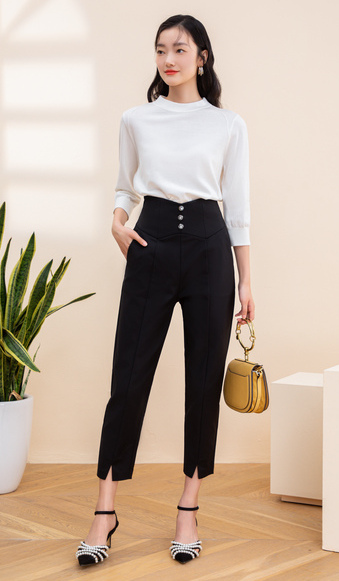 佳人苑裤子女秋新款西装裤2021年高腰显瘦锥形裤通勤休闲裤西裤女黑色