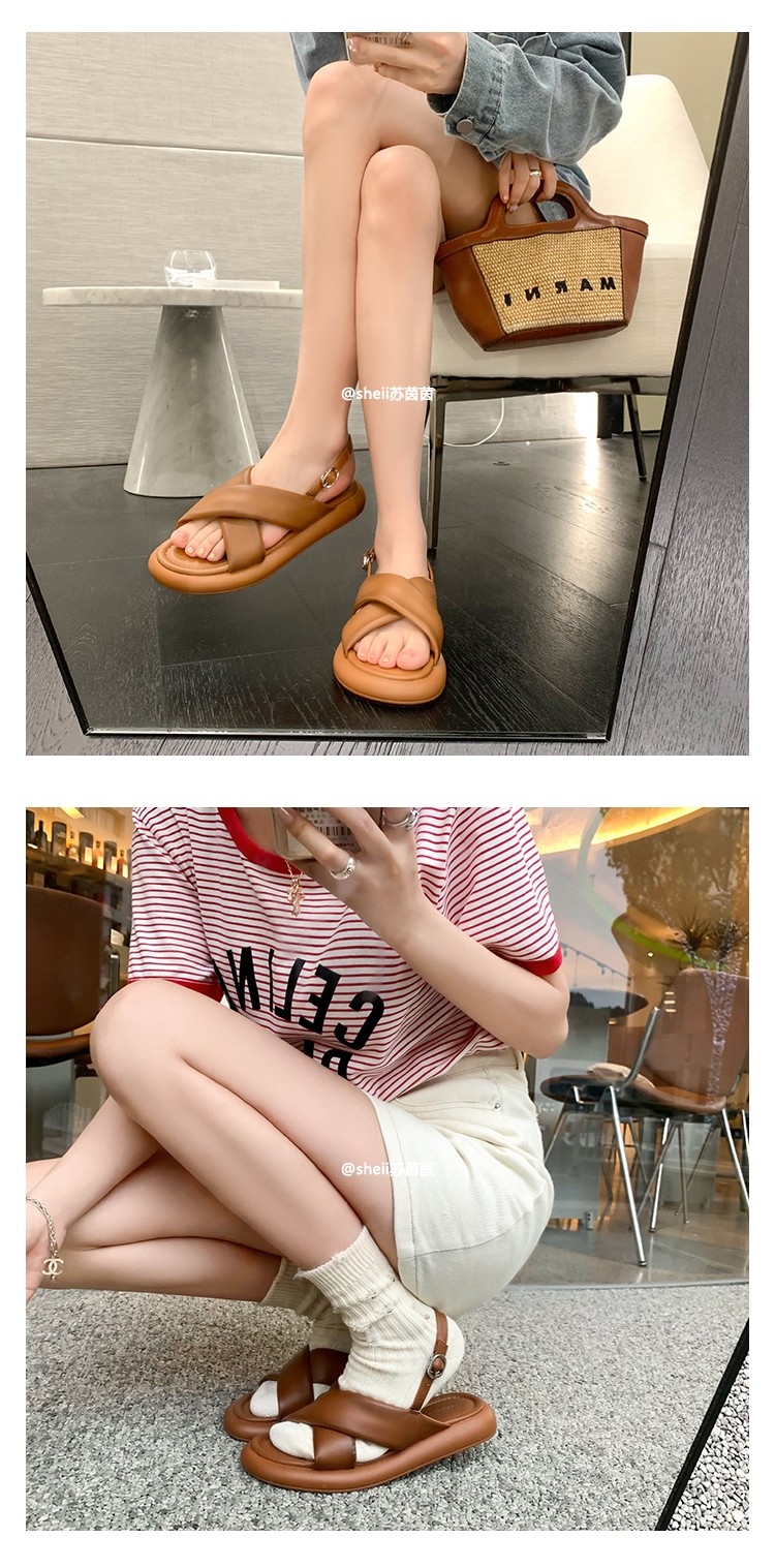 sheii苏茵茵港岛落日韩国做旧交叉带厚底休闲凉鞋女鞋夏季奶白色6个