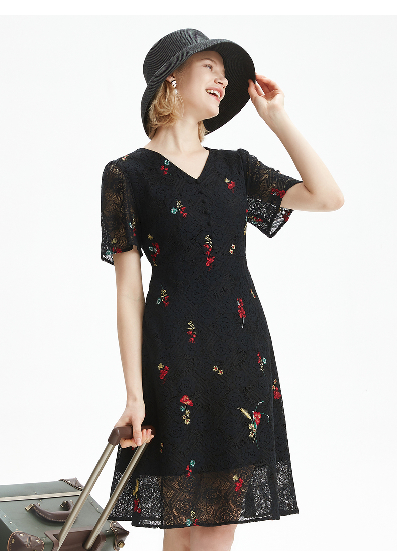 jz玖姿夏季女装年新款黑色收腰刺绣中长款蕾丝连衣裙女装裙子花黑xs