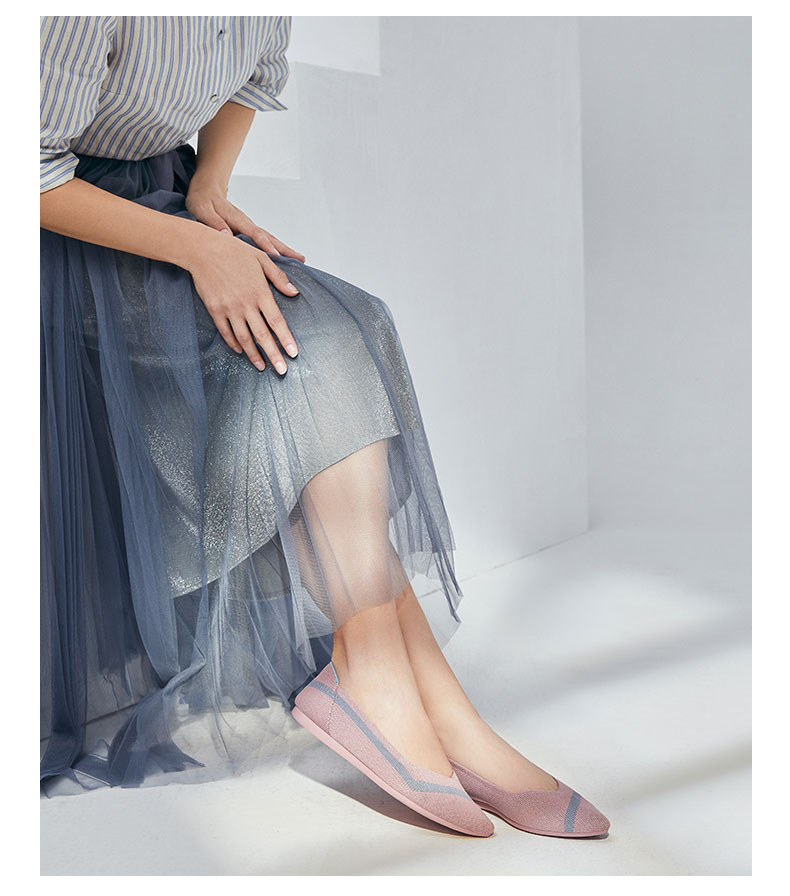 malovemz王妃鞋2022新款舒适编织条纹浅口尖头平底鞋女低跟单鞋深浅蓝