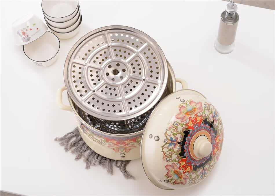 嘉利萨 加厚超大容量双层搪瓷蒸锅两层篦子老式搪瓷锅蒸锅过年蒸馒头