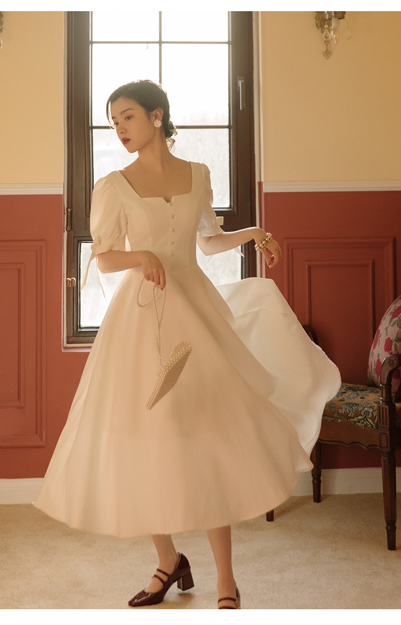 侣扁2021新款夏法式复古裙文艺温柔风翩跹白天鹅短袖连衣裙白色s