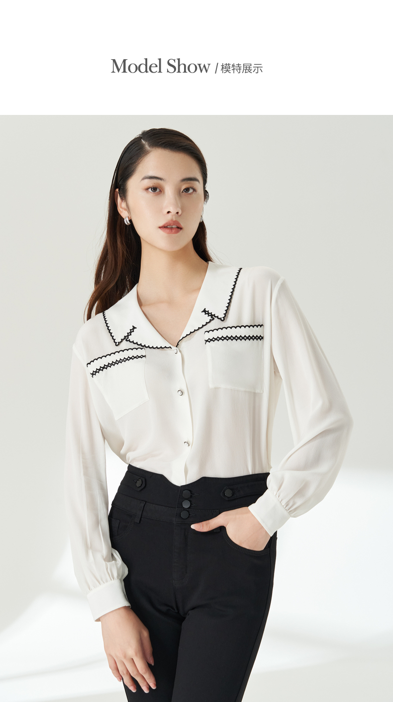 芭蒂娜白衬衫秋装2021年新款西装领别致口袋设计感时尚洋气衬衣女米白