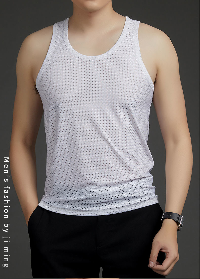 高品质夏季男款背心精品冰丝网眼背心男士窄肩恤镂空运动透气速干大码