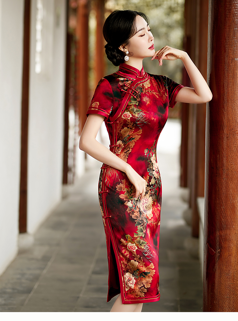 骆骐亚cmlziua品牌女装2022夏季新款中国风桑蚕丝牡丹花真丝旗袍高端