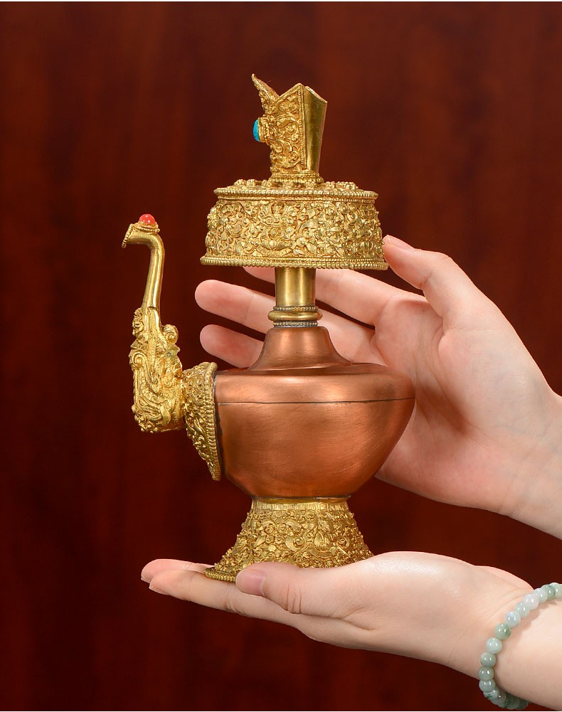艺巅吉彩 彩绘净水瓶 藏传佛教用品铜雕花奔巴壶宝瓶有嘴贲巴壶两种
