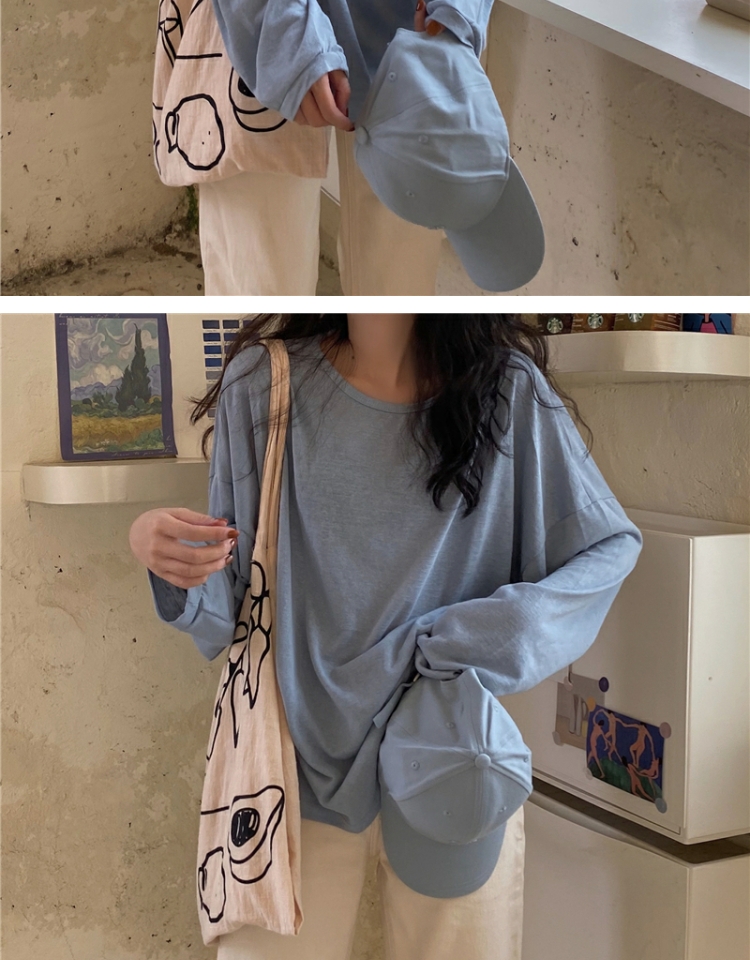 雾霾蓝长袖t恤女韩版薄款衫套头罩衫早秋宽松打底衫上衣浅蓝白条纹