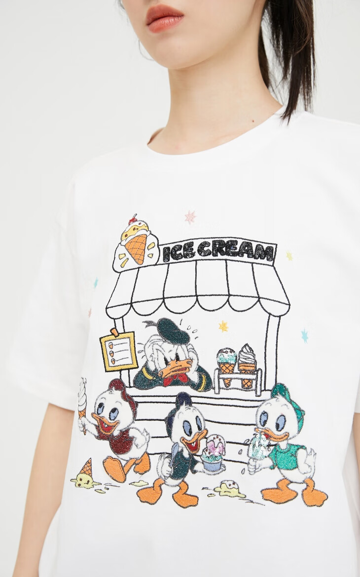 only2021夏季新款唐老鸭联名款卡通刺绣亮片短袖t恤女121301012 a43