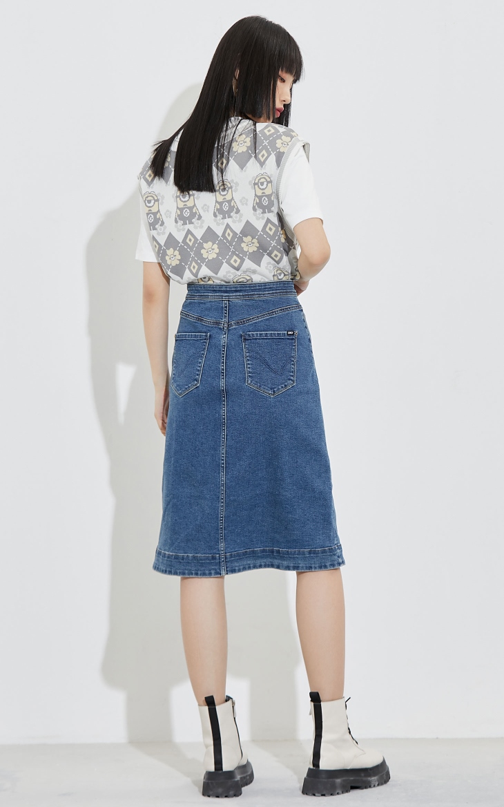 only春季新款时尚潮流高腰a字中长款牛仔半身裙女121337013j33350水洗