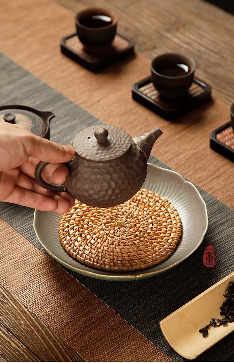 吉富达 惢琪 粗陶鎏金莲花壶承 复古藤编干泡台养紫砂壶茶壶 大号丝瓜