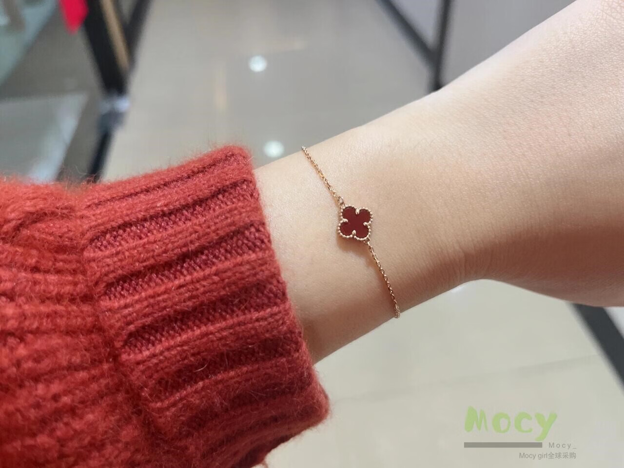 代购 代购vca梵克雅宝手链女四叶草单花18k玫瑰金爱心红玉髓白贝母