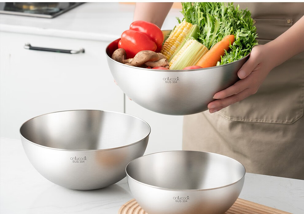 onlycook 日式304不锈钢沙拉盆拌菜水果盆厨房烘培打蛋拌面和面碗 5个