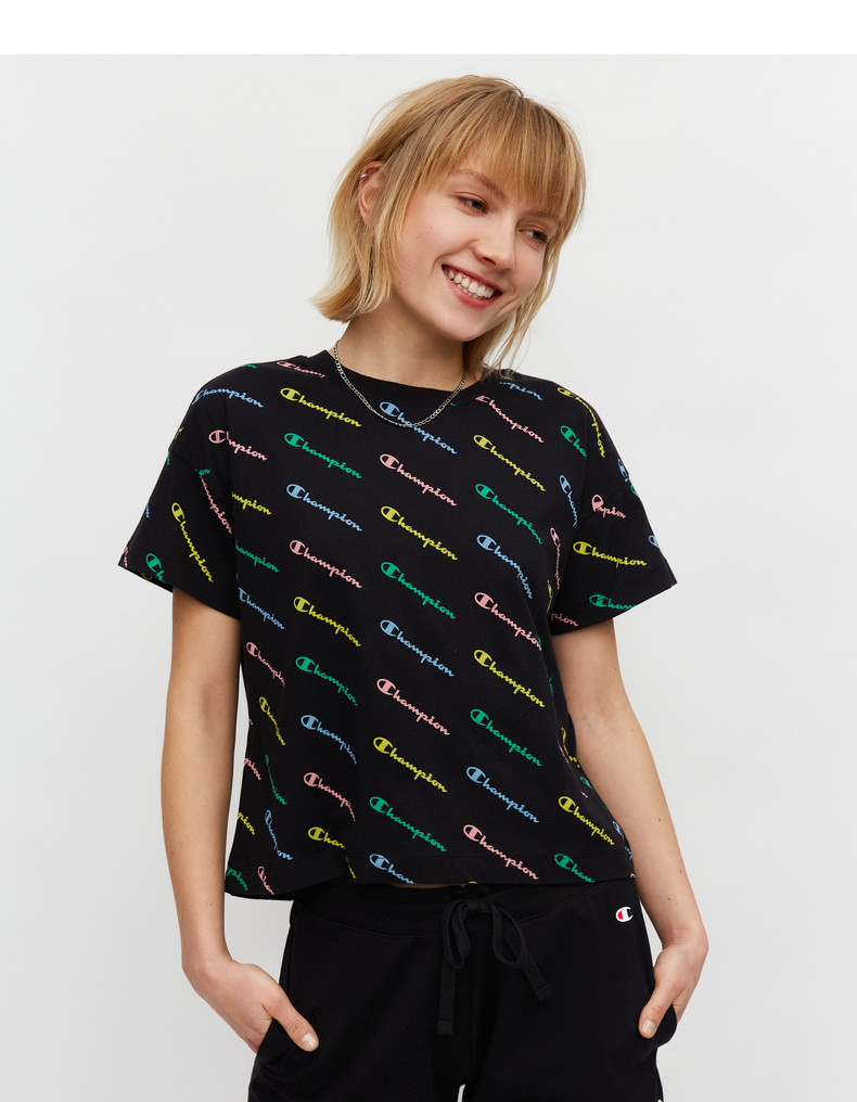 champion2021春夏新款官网草写小logo彩色斜纹t恤冠军短袖女 白色满印