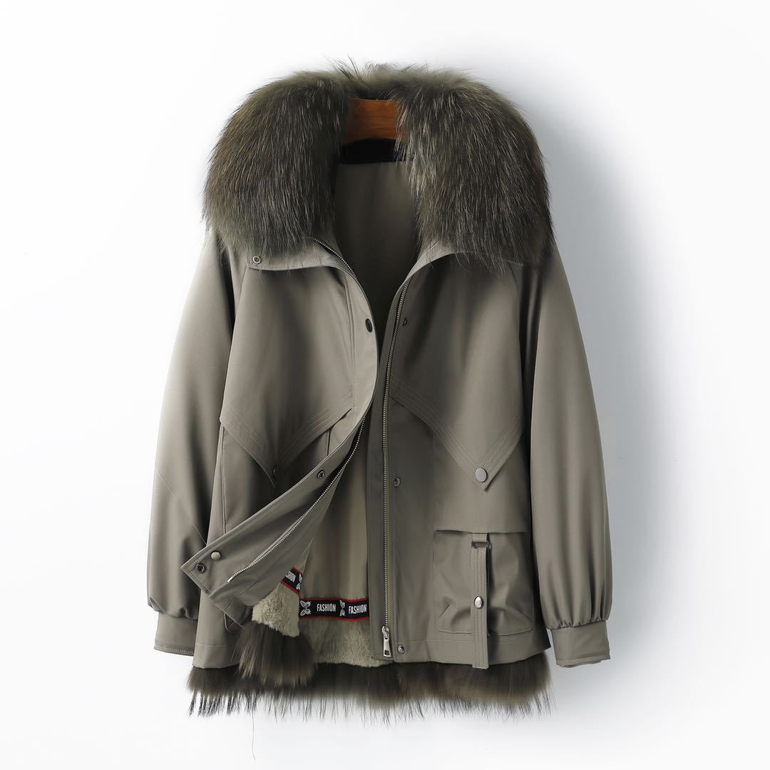 新款派克服女短款兔毛内胆貉子毛领可拆卸外套小个子冬季皮毛sn4990