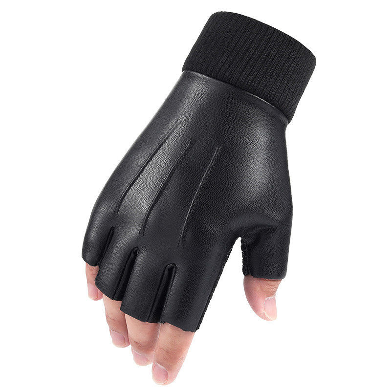 皮手套男真皮半指手套男秋冬常规保暖开车皮手套露指防滑骑行防水学生