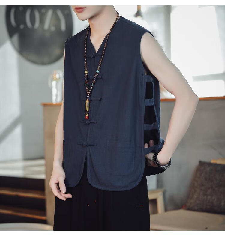 啄木鸟中老年薄款棉麻坎肩男爸爸亚麻马褂背心休闲老人马甲男士男式