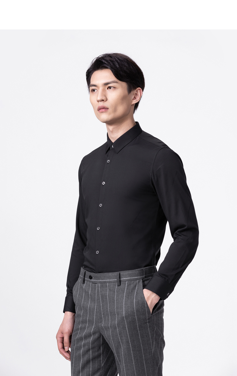 利郎男装长袖衬衫男2021秋季新款商务正装职业上班男衬衣 黑色(20qzc