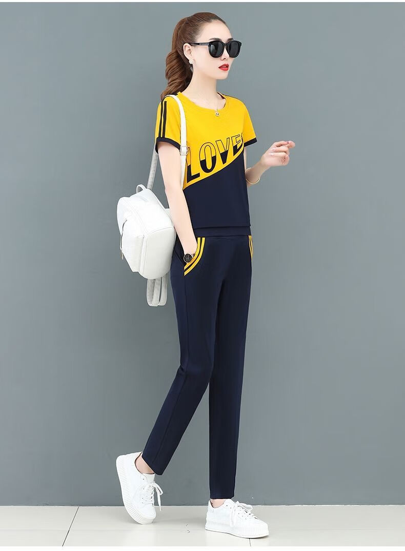 夏季休闲运动套装女高品质运动套装女短袖长裤两件套年新款时尚拼色