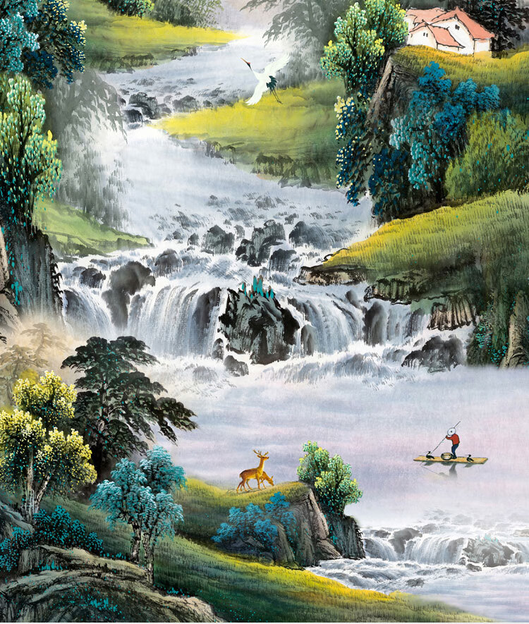 绘扬 流水生财山水画竖版挂画风景办公室招财中式客厅迎门墙寓意好的