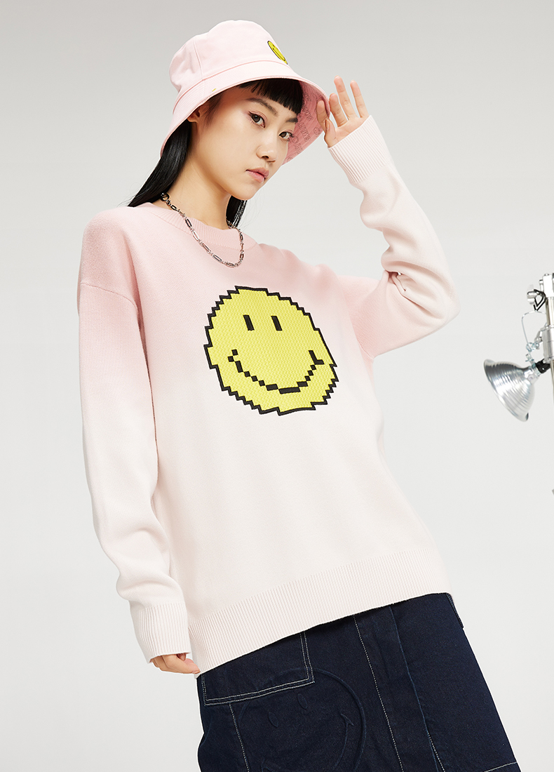 smiley笑脸圆领毛衣2022春季新款纯棉宽松慵懒可外穿情侣款针织衫绿色